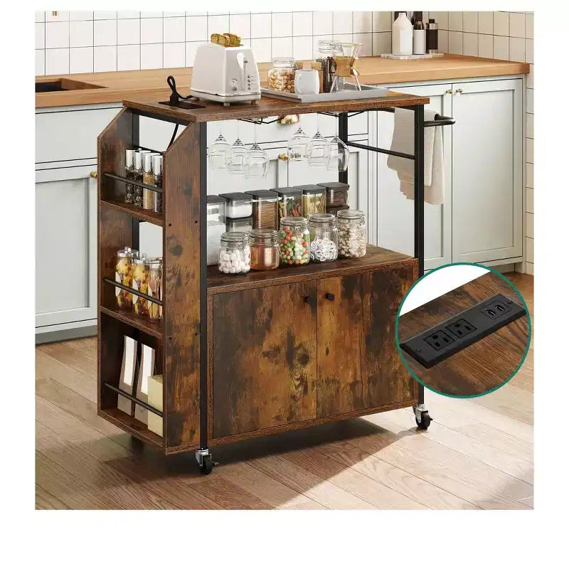 Rolling Kitchen Island Cart With Power Outlets With Open Shelves Portable Serving Utility Carts On Wheels With Storage For Kitchen Dining Room