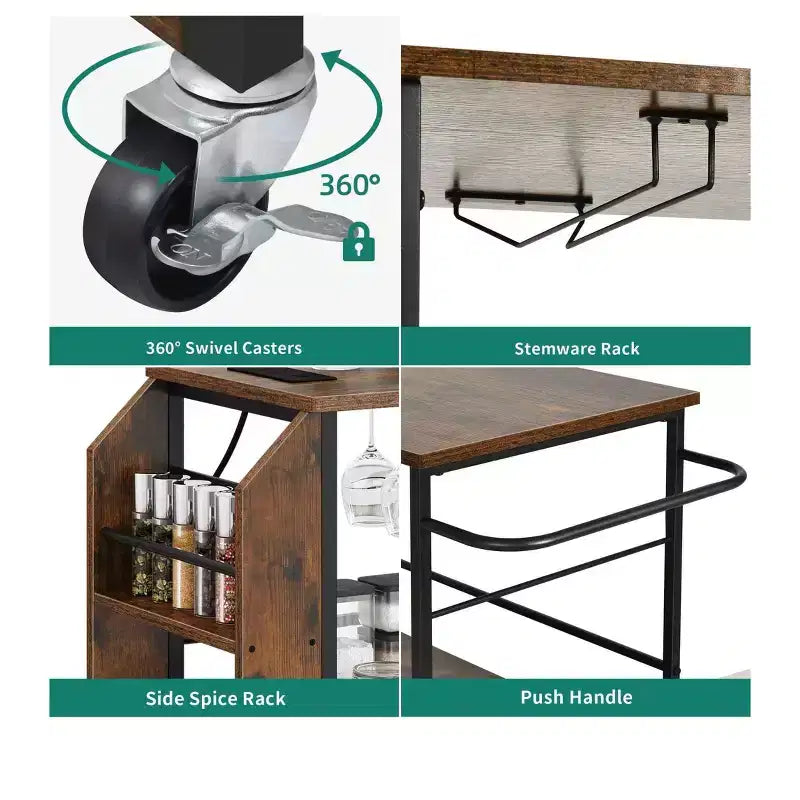 Rolling Kitchen Island Cart With Power Outlets With Open Shelves Portable Serving Utility Carts On Wheels With Storage For Kitchen Dining Room