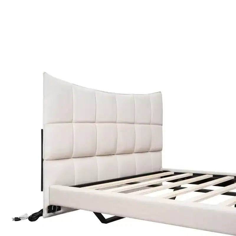 LED Full Upholstered Platform Bed with U Shaped Headboard, Linen Bed Frame with LED Lights