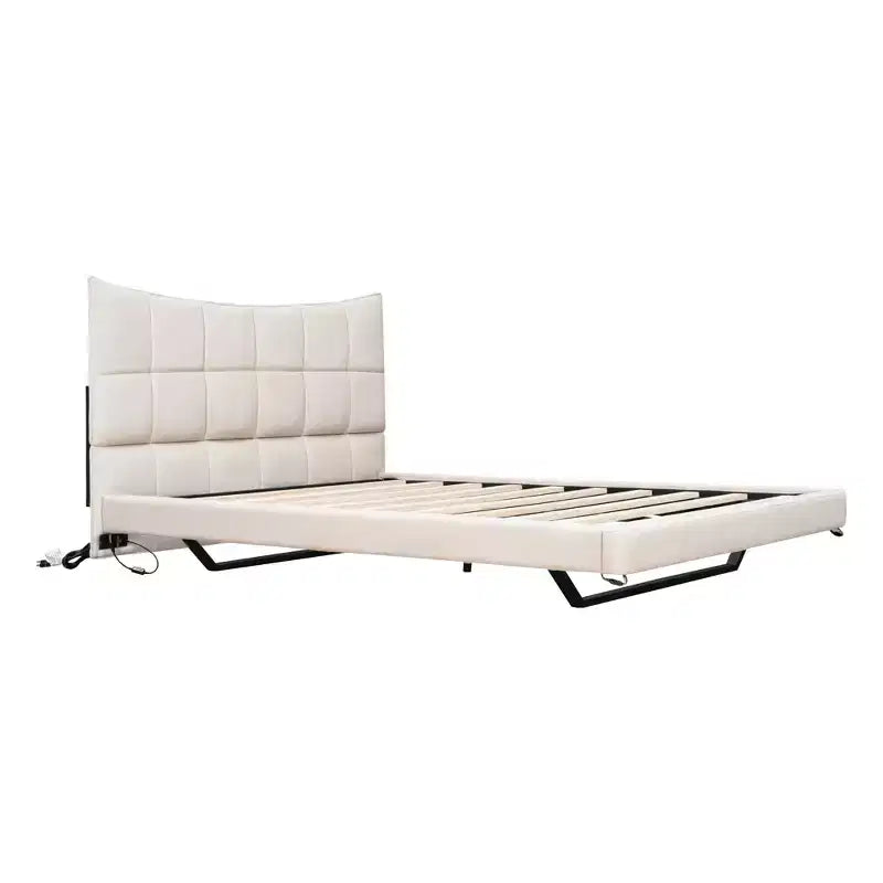 LED Full Upholstered Platform Bed with U Shaped Headboard, Linen Bed Frame with LED Lights