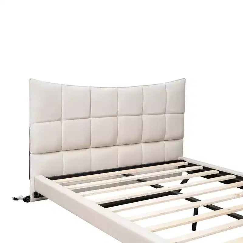 LED Full Upholstered Platform Bed with U Shaped Headboard, Linen Bed Frame with LED Lights