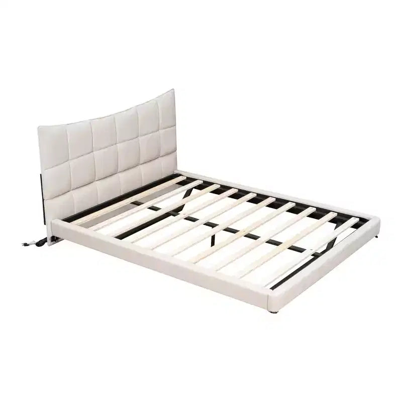 LED Full Upholstered Platform Bed with U Shaped Headboard, Linen Bed Frame with LED Lights