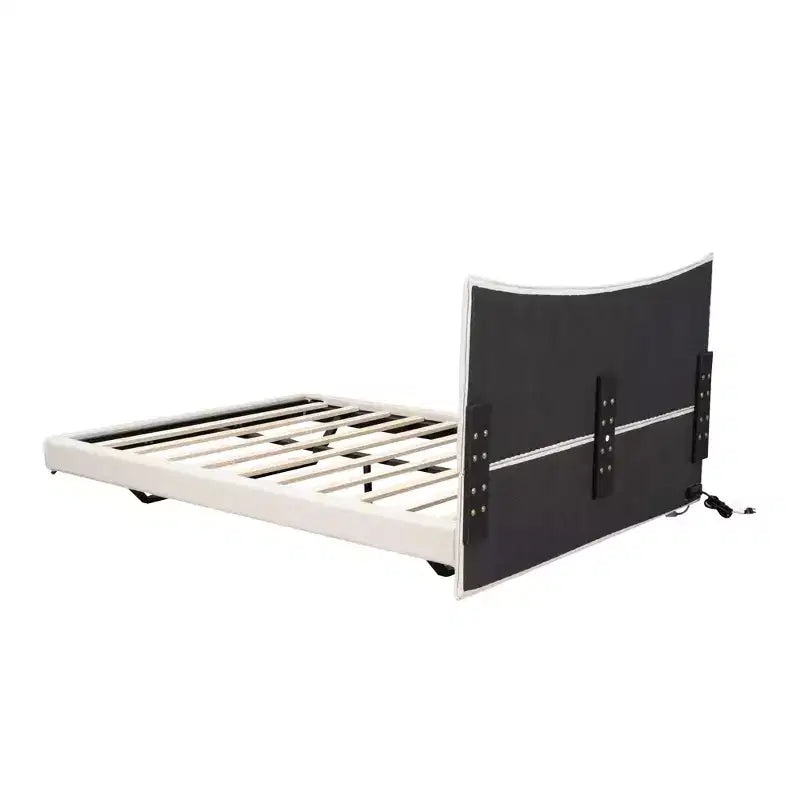 LED Full Upholstered Platform Bed with U Shaped Headboard, Linen Bed Frame with LED Lights