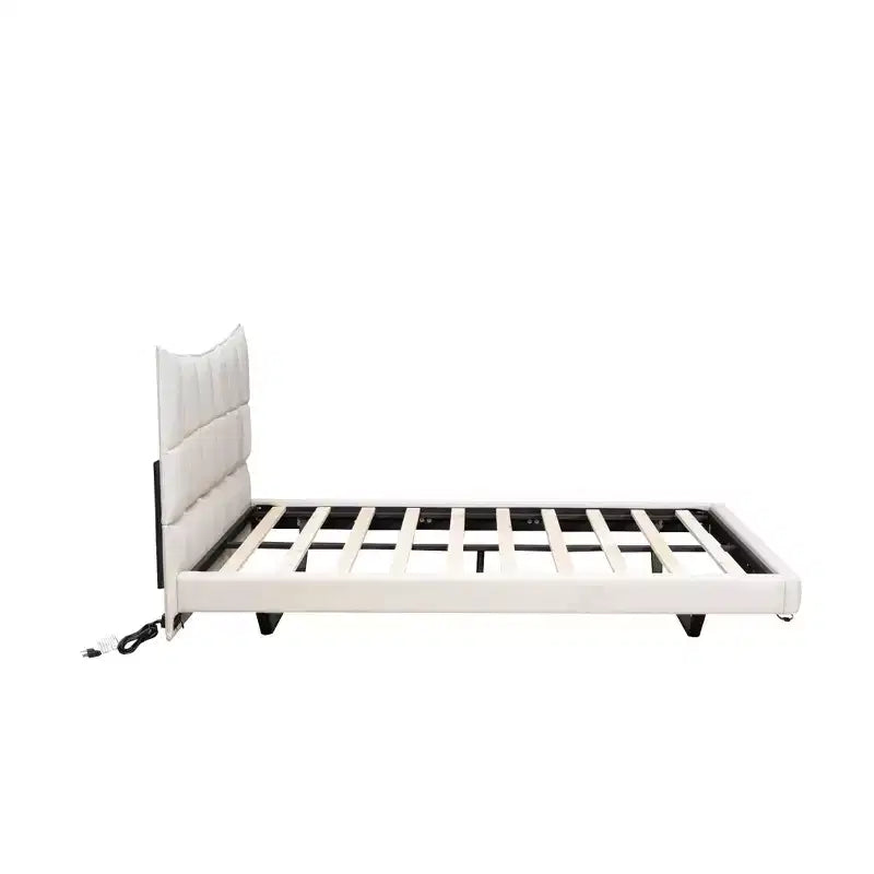 LED Full Upholstered Platform Bed with U Shaped Headboard, Linen Bed Frame with LED Lights