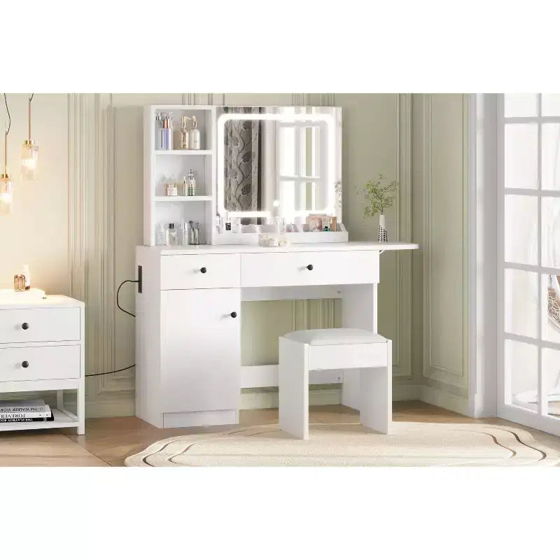 Vanity with mirror and light, sliding illuminated mirror makeup table, 3 lighting modes, 5 large drawers, perfect for the bedroom