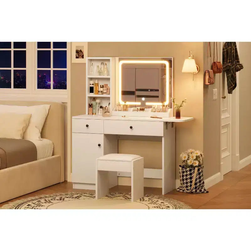 Vanity with mirror and light, sliding illuminated mirror makeup table, 3 lighting modes, 5 large drawers, perfect for the bedroom