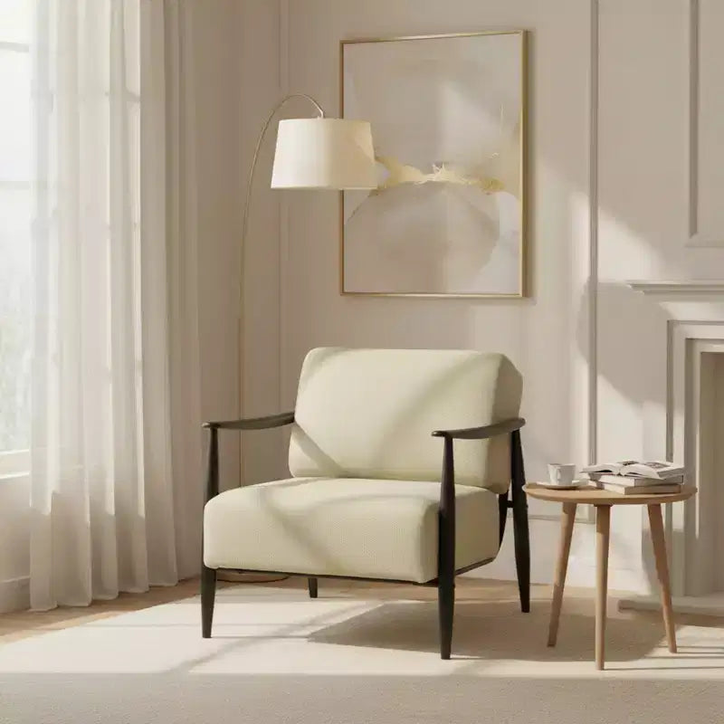 FurnitureR Mid-Century Modern Accent Chair, Beige Upholstered Armchair with Solid Brown Frame, Comfy Reading Chair for Living Room, Bedroom, Office