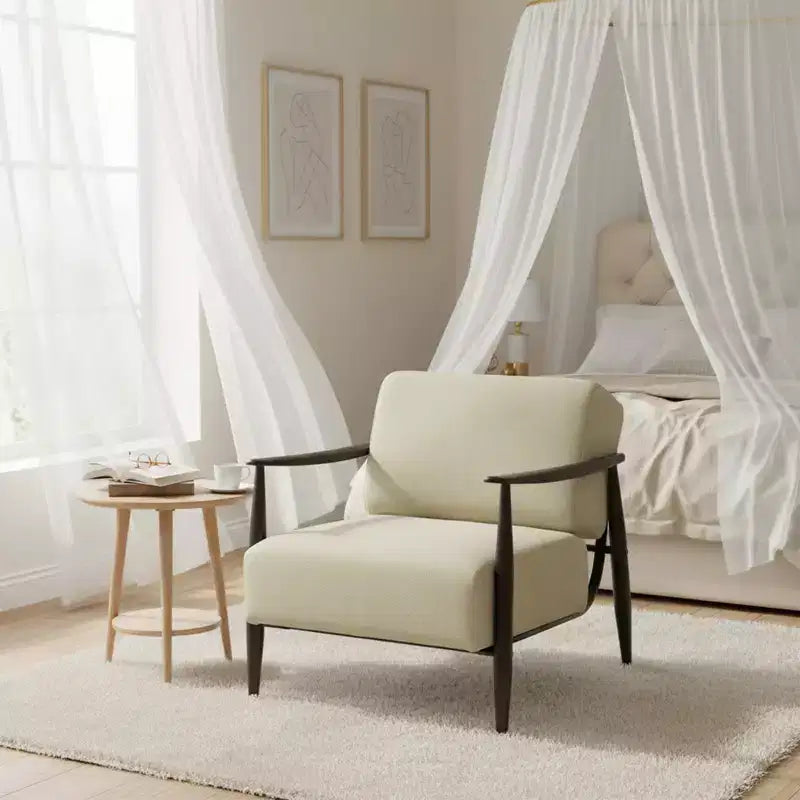 FurnitureR Mid-Century Modern Accent Chair, Beige Upholstered Armchair with Solid Brown Frame, Comfy Reading Chair for Living Room, Bedroom, Office