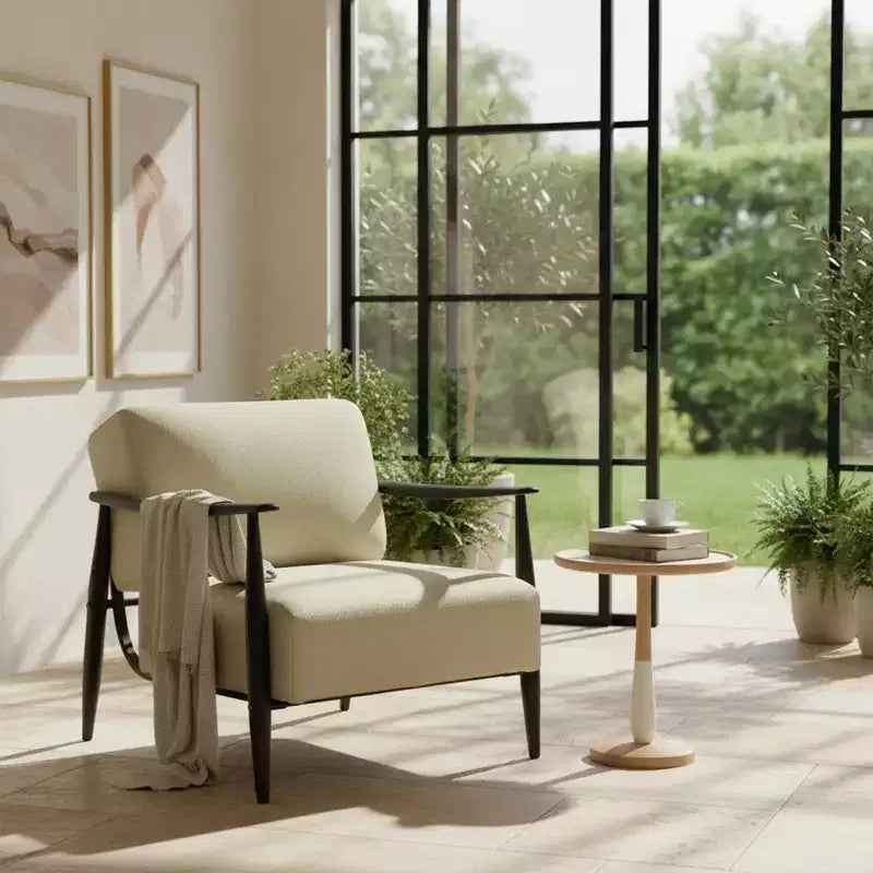 FurnitureR Mid-Century Modern Accent Chair, Beige Upholstered Armchair with Solid Brown Frame, Comfy Reading Chair for Living Room, Bedroom, Office