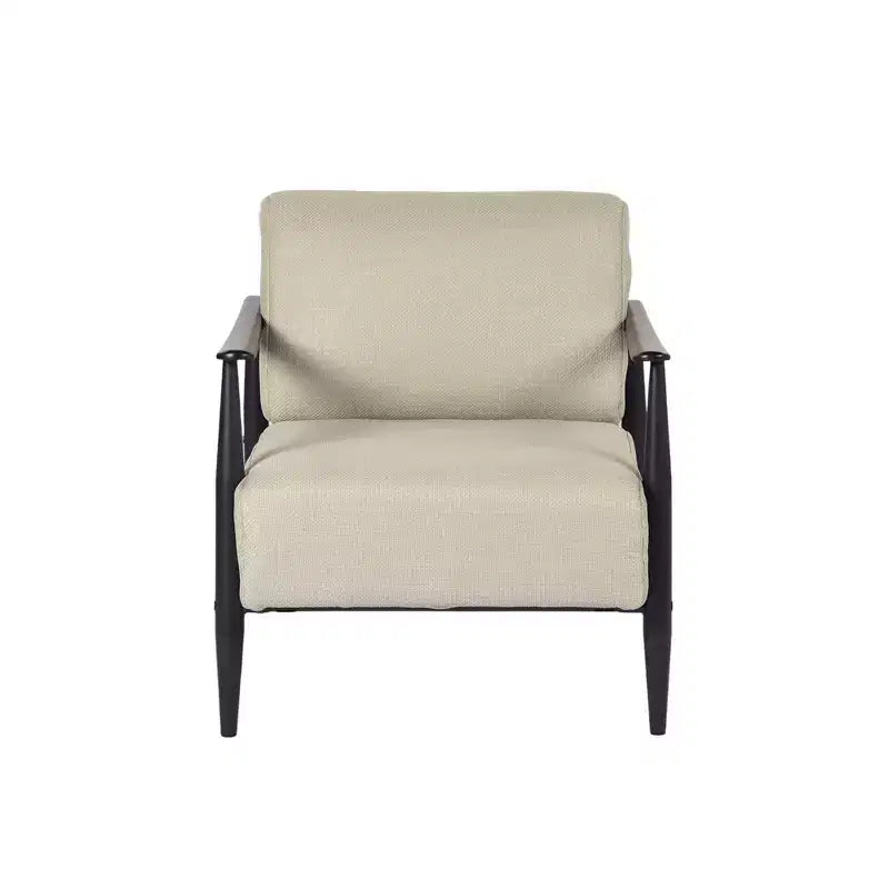 FurnitureR Mid-Century Modern Accent Chair, Beige Upholstered Armchair with Solid Brown Frame, Comfy Reading Chair for Living Room, Bedroom, Office
