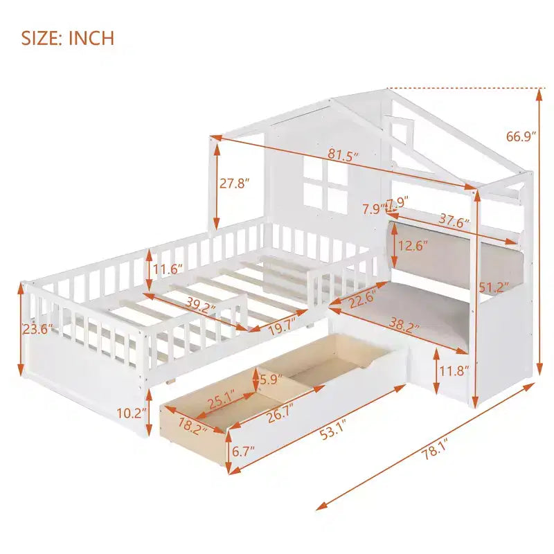 Bellemave Twin Size House Bed with Sofa, Kids Platform Bed with Two Drawers and Storage Shelf, White