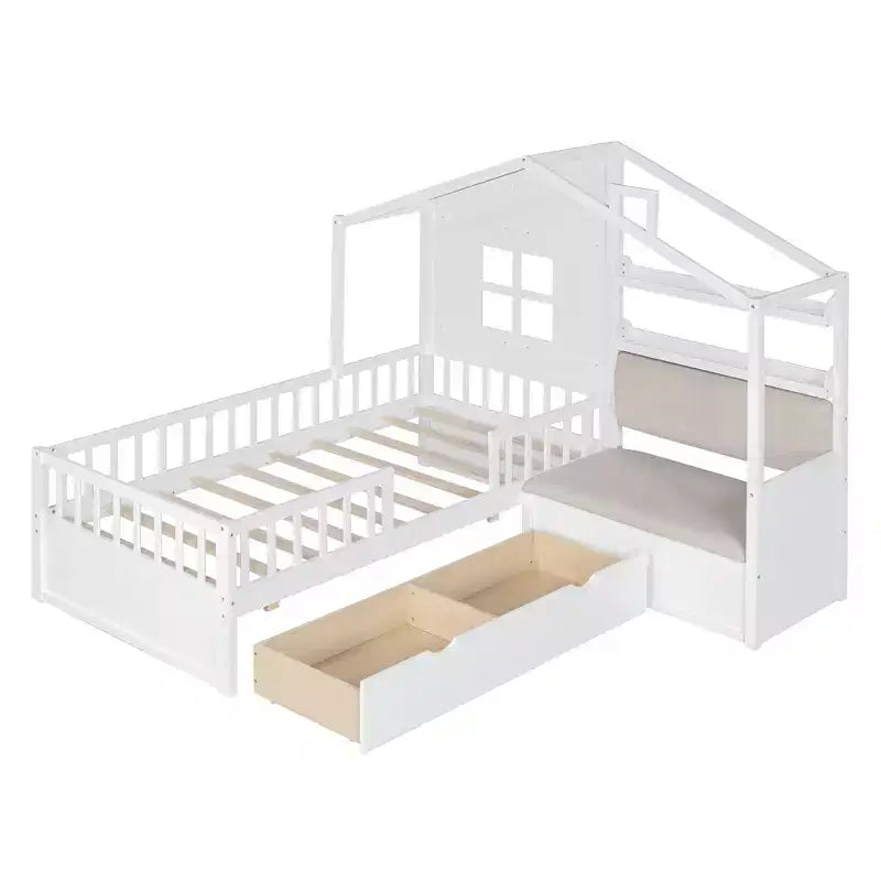 Bellemave Twin Size House Bed with Sofa, Kids Platform Bed with Two Drawers and Storage Shelf, White