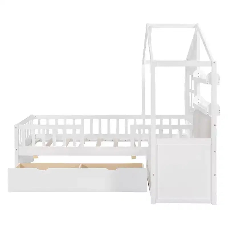 Bellemave Twin Size House Bed with Sofa, Kids Platform Bed with Two Drawers and Storage Shelf, White