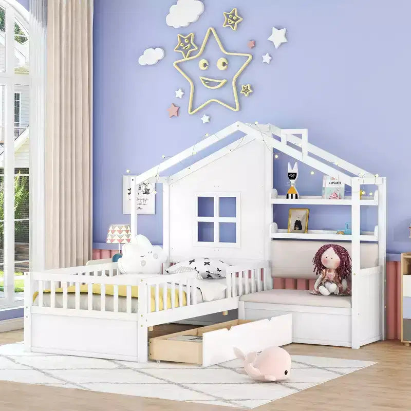 Bellemave Twin Size House Bed with Sofa, Kids Platform Bed with Two Drawers and Storage Shelf, White