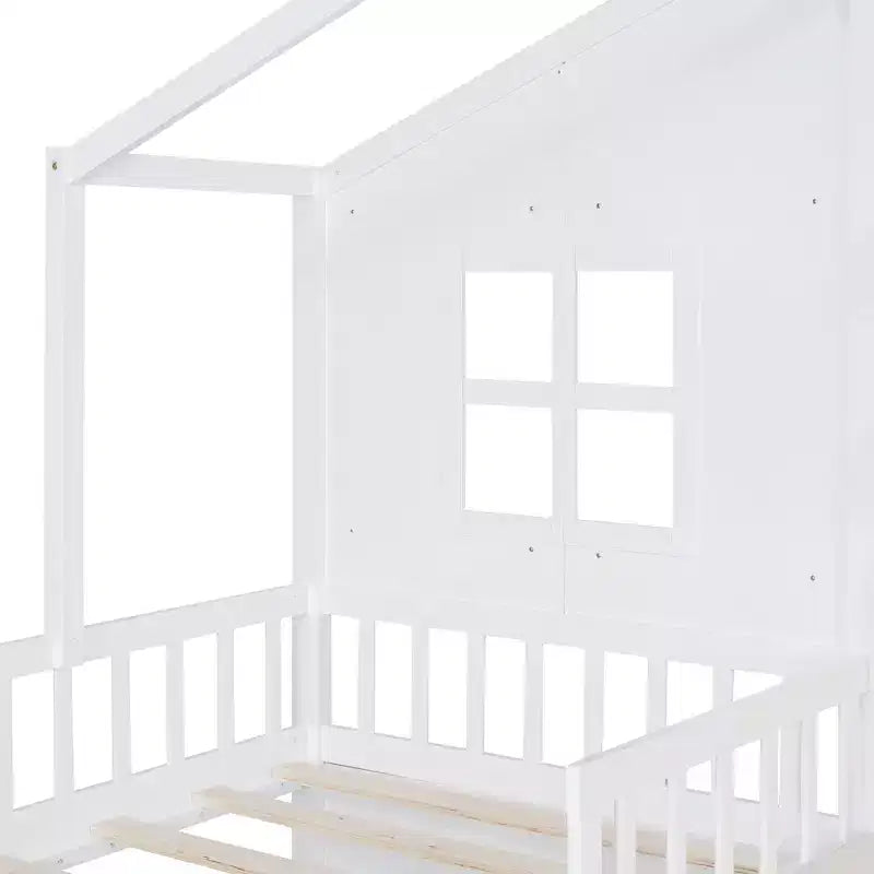 Bellemave Twin Size House Bed with Sofa, Kids Platform Bed with Two Drawers and Storage Shelf, White