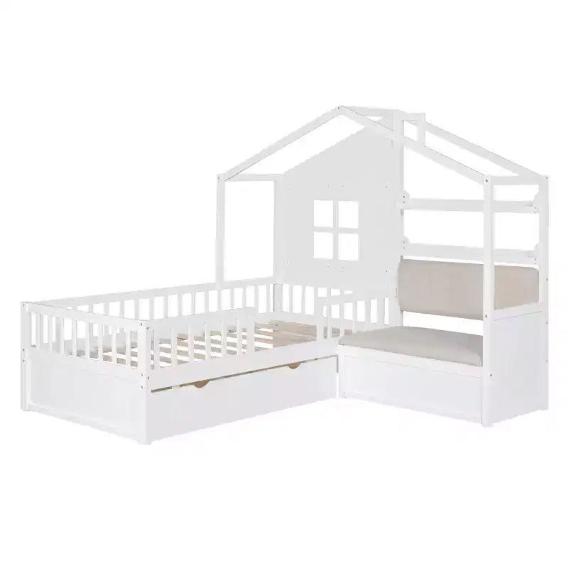 Bellemave Twin Size House Bed with Sofa, Kids Platform Bed with Two Drawers and Storage Shelf, White