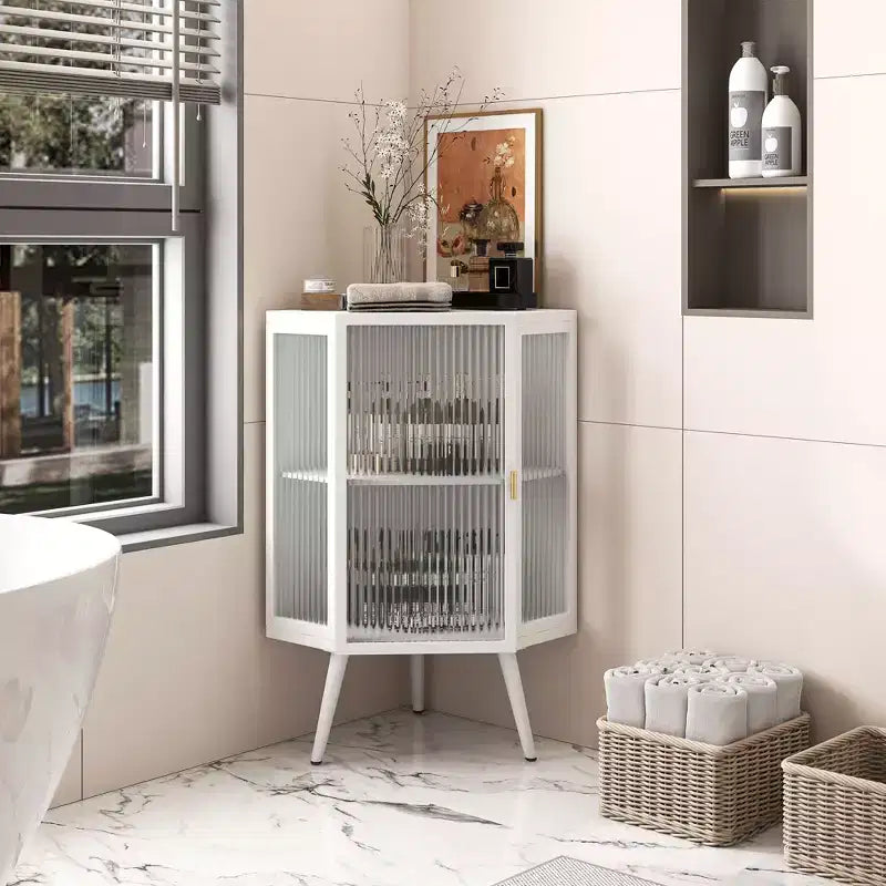 Okak Bathroom Storage Cabinet, Modern Floor Coner Cabinet with Tempered Glass Door and 2/3 Shelves for Living Room, Home Office