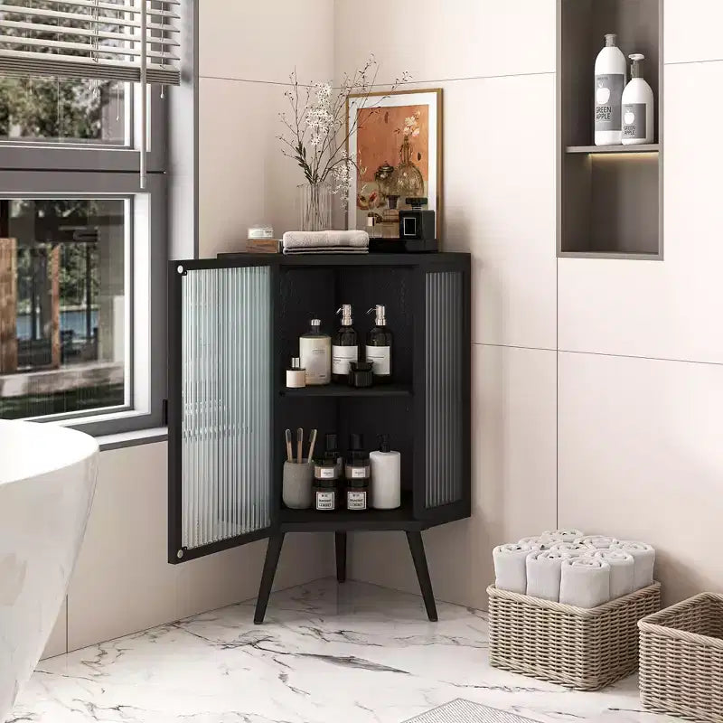 Okak Bathroom Storage Cabinet, Modern Floor Coner Cabinet with Tempered Glass Door and 2/3 Shelves for Living Room, Home Office