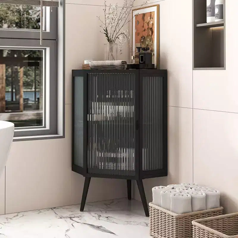 Okak Bathroom Storage Cabinet, Modern Floor Coner Cabinet with Tempered Glass Door and 2/3 Shelves for Living Room, Home Office