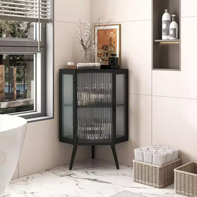 Okak Bathroom Storage Cabinet, Modern Floor Coner Cabinet with Tempered Glass Door and 2/3 Shelves for Living Room, Home Office