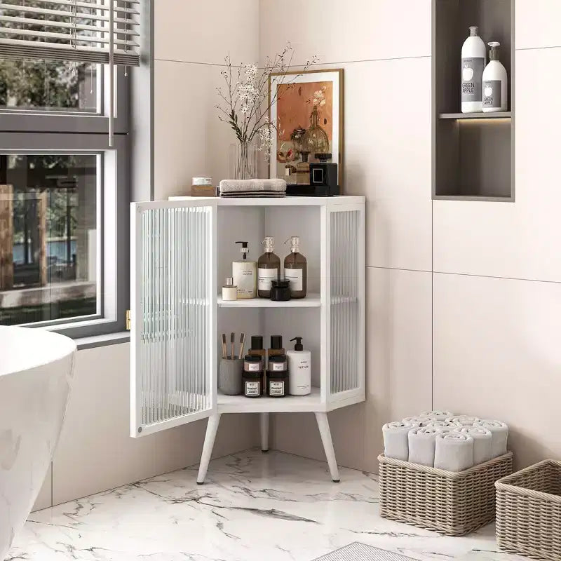 Okak Bathroom Storage Cabinet, Modern Floor Coner Cabinet with Tempered Glass Door and 2/3 Shelves for Living Room, Home Office