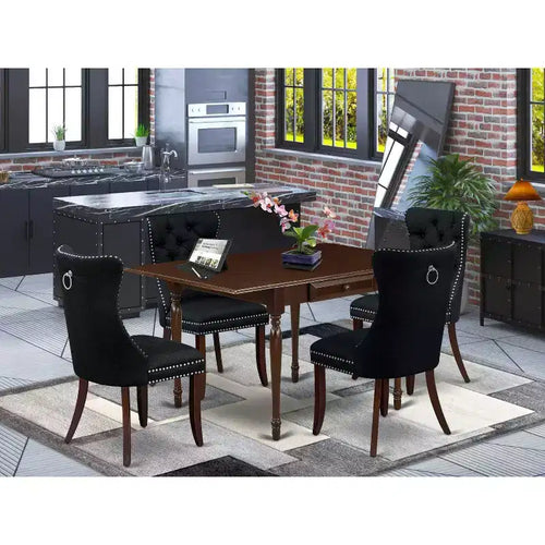5-Piece Mahogany Finish Solid Wood Top - Rectangular Upholstered Dining Room Set - Seats 4