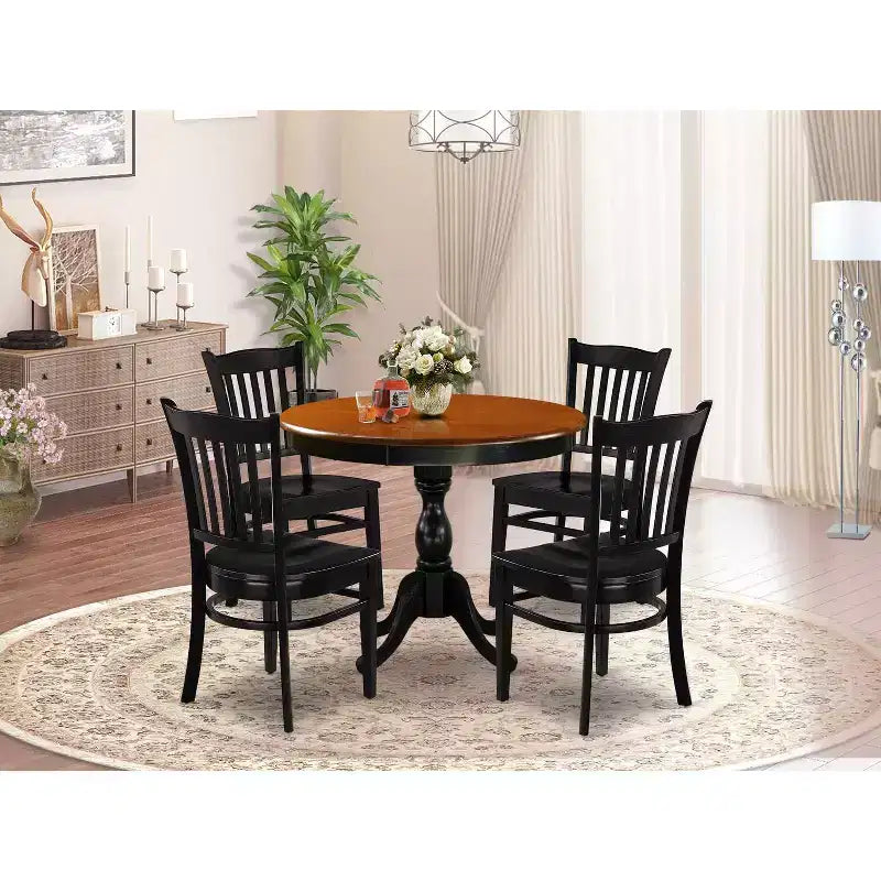 HomeStock 5-Piece Black and Cherry Finish Solid Wood Top Dining table with 4 Chairs with Slat Back
