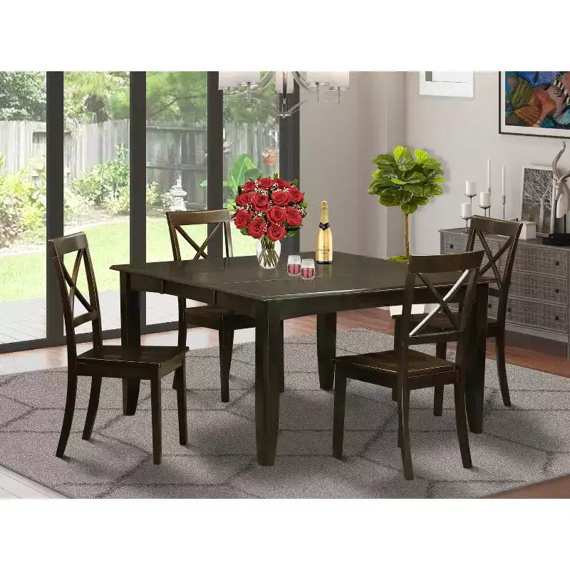 HomeStock 5-Piece Square Cappuccino Finish Solid Wood Top Dining Table with 4 Chairs