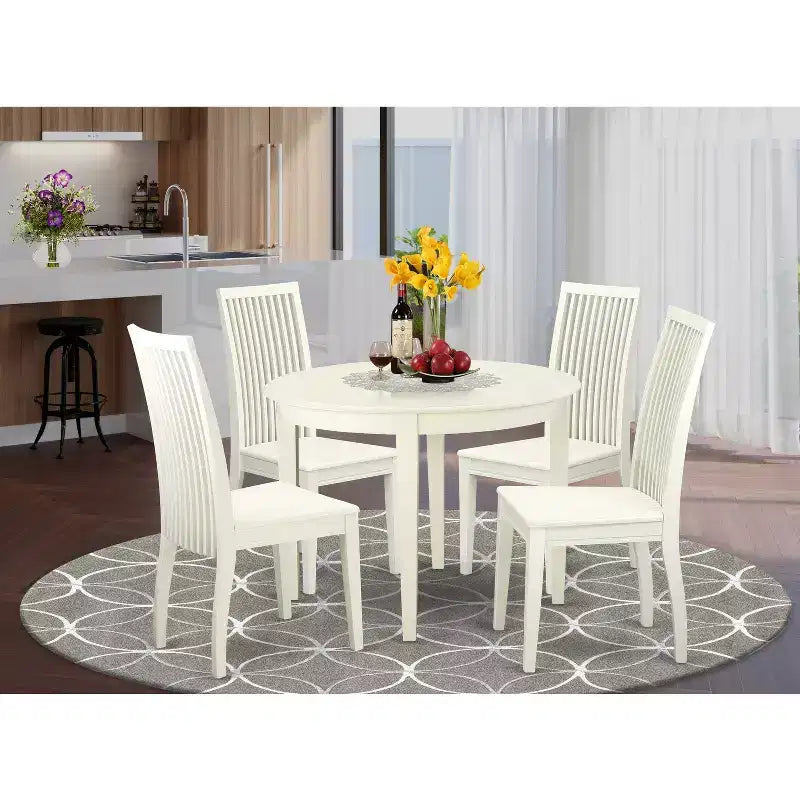 HomeStock 5-Piece Linen White Finish Solid Wood Top Dining Table with 4 Chairs