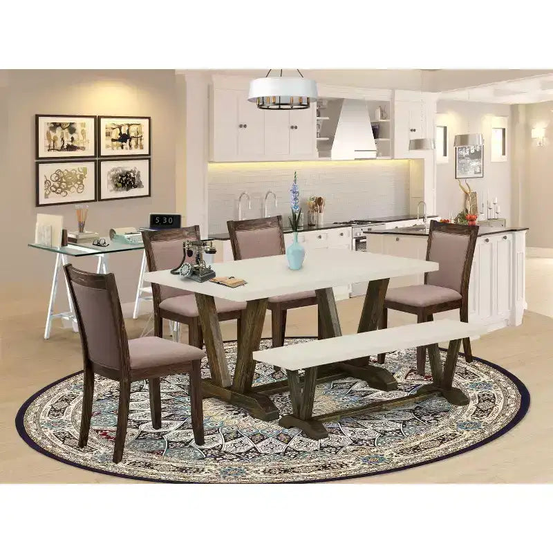 HomeStock 6-Piece Rectangle Distressed Jacobean Finish Solid Wood Top Dining Table with 1-Bench, 4-Chairs