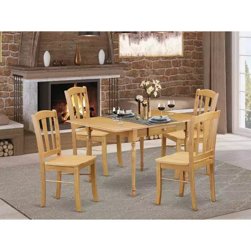 HomeStock 5-Pc Natural Oak Finish Solid Wood Top - Dining Room Set with Dropleaf - Seats 4
