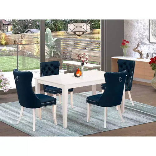 5-Piece Rectangular Linen White Finish Solid Wood Top-Upholstered Dining Room Set-Seats 4