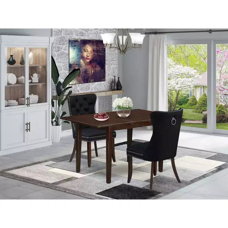 HomeStock 3-Pc Mahogany Finish Rectangular Solid Wood Top with Butterfly Leaf Dining Table Set