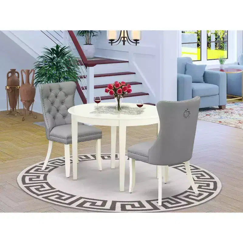 HomeStock 3-Pc Linen White Finish Round Solid Wood Top Dining Table Set