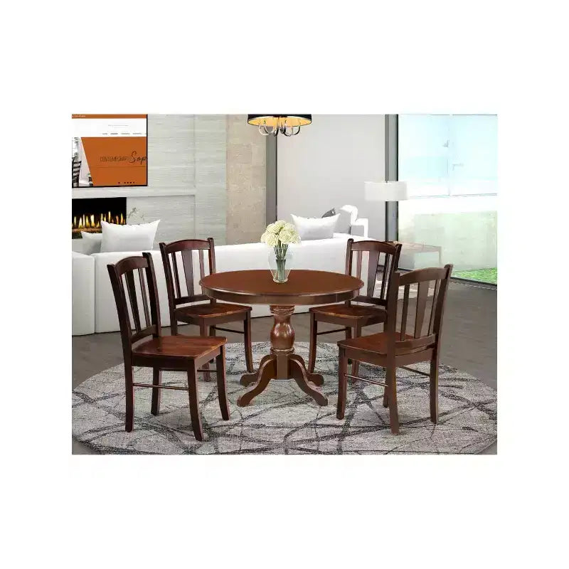 HomeStock 5-Piece Mahogany Finish Solid Wood Top Dining table with 4 Chairs with Slat Back