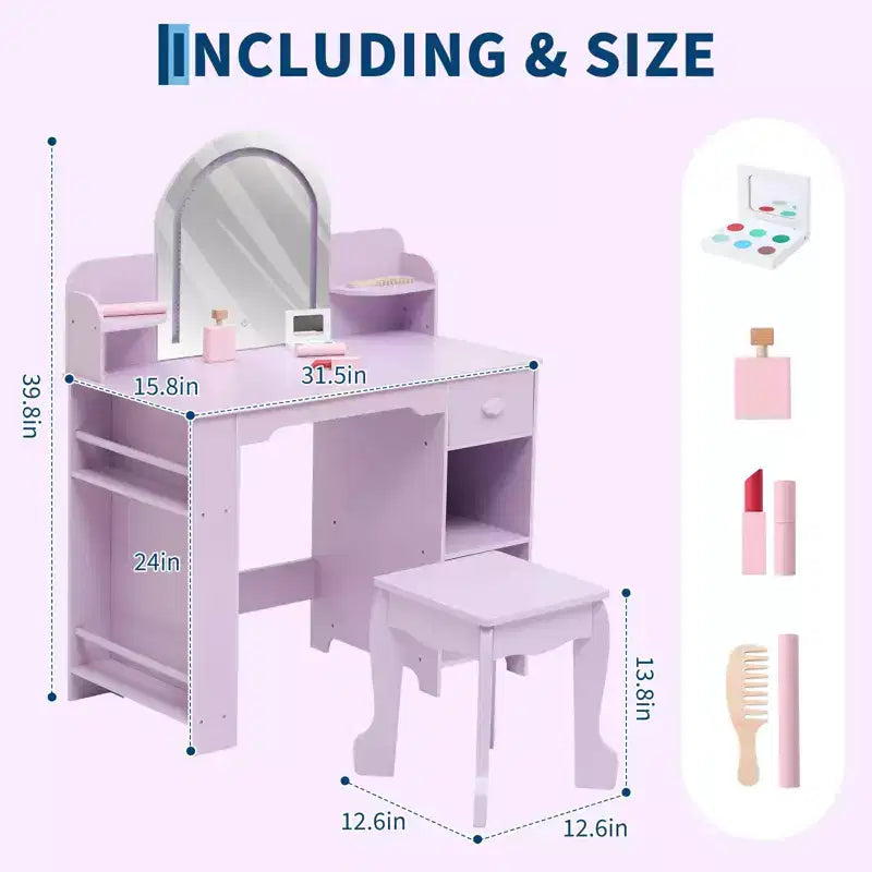 Kids Vanity Desk with Mirror, Makeup Vanity Table with Stool, Bookshelf, Drawer & Shelves, Wood Princess Dressing Table for Girls Bedroom,Playroom