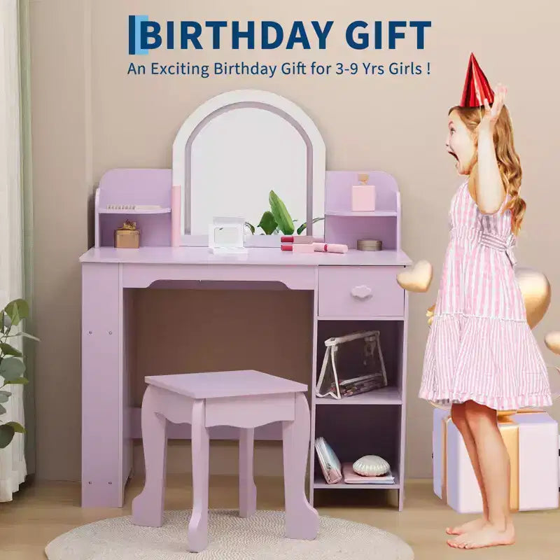 Kids Vanity Desk with Mirror, Makeup Vanity Table with Stool, Bookshelf, Drawer & Shelves, Wood Princess Dressing Table for Girls Bedroom,Playroom