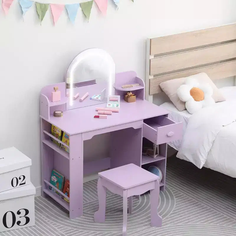 Kids Vanity Desk with Mirror, Makeup Vanity Table with Stool, Bookshelf, Drawer & Shelves, Wood Princess Dressing Table for Girls Bedroom,Playroom