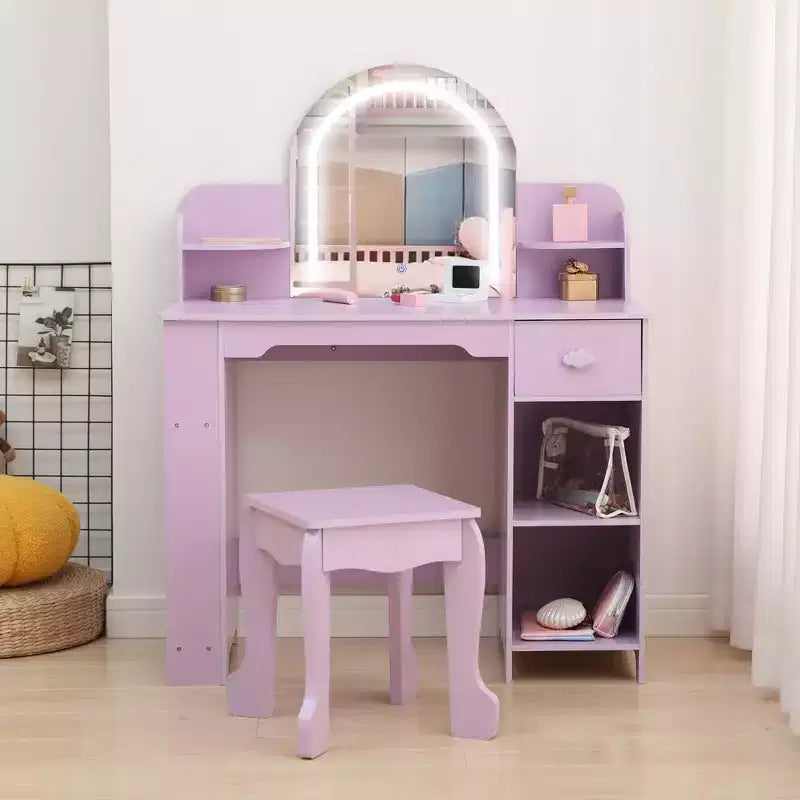 Kids Vanity Desk with Mirror, Makeup Vanity Table with Stool, Bookshelf, Drawer & Shelves, Wood Princess Dressing Table for Girls Bedroom,Playroom