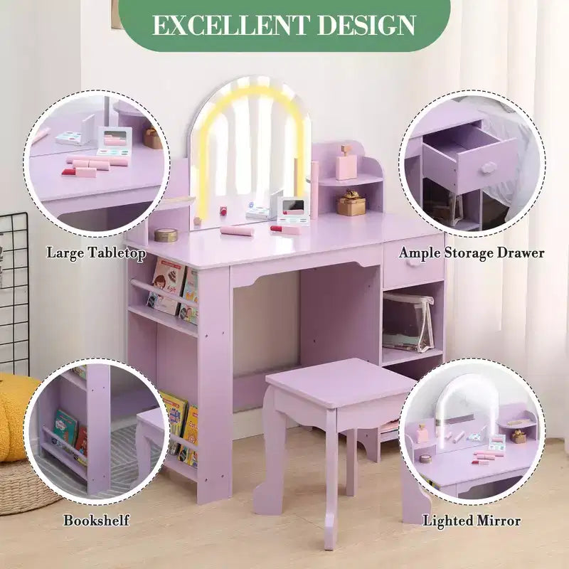 Kids Vanity Desk with Mirror, Makeup Vanity Table with Stool, Bookshelf, Drawer & Shelves, Wood Princess Dressing Table for Girls Bedroom,Playroom