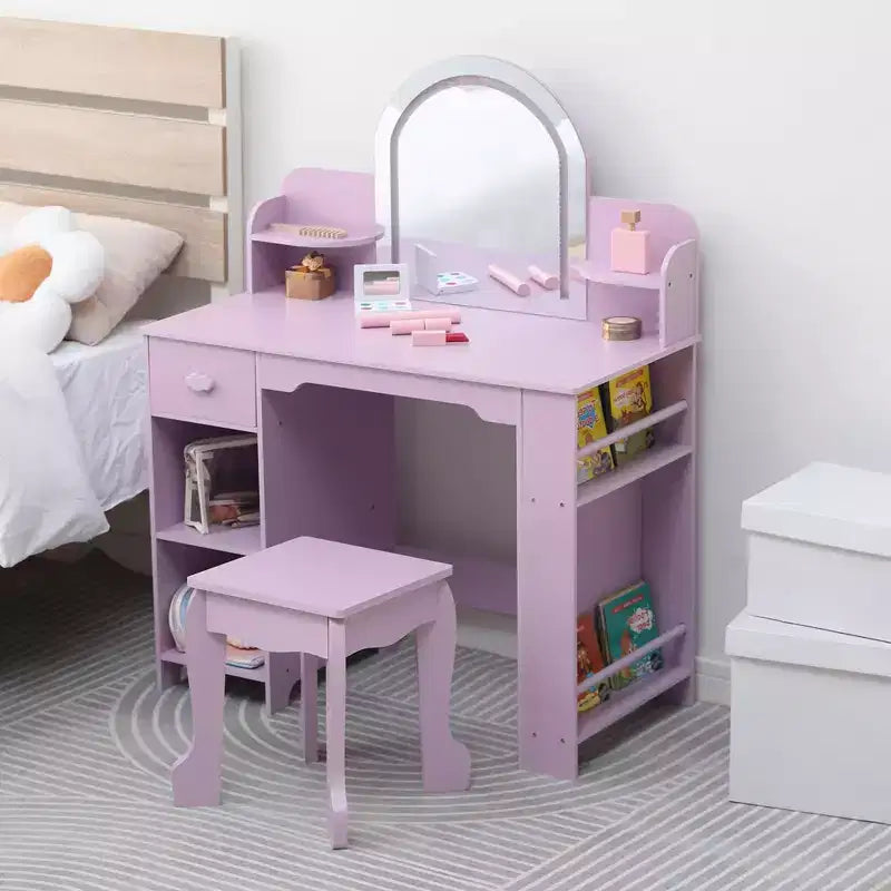 Kids Vanity Desk with Mirror, Makeup Vanity Table with Stool, Bookshelf, Drawer & Shelves, Wood Princess Dressing Table for Girls Bedroom,Playroom