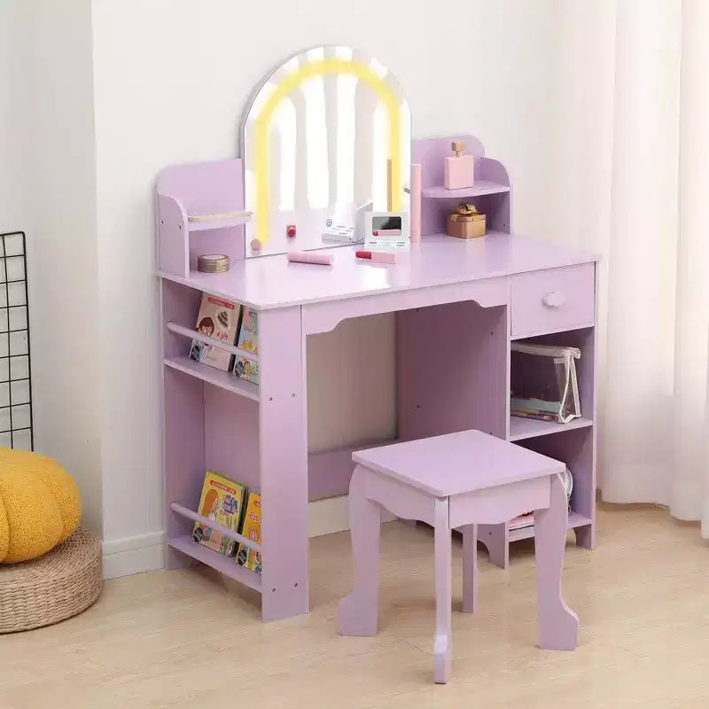 Kids Vanity Desk with Mirror, Makeup Vanity Table with Stool, Bookshelf, Drawer & Shelves, Wood Princess Dressing Table for Girls Bedroom,Playroom
