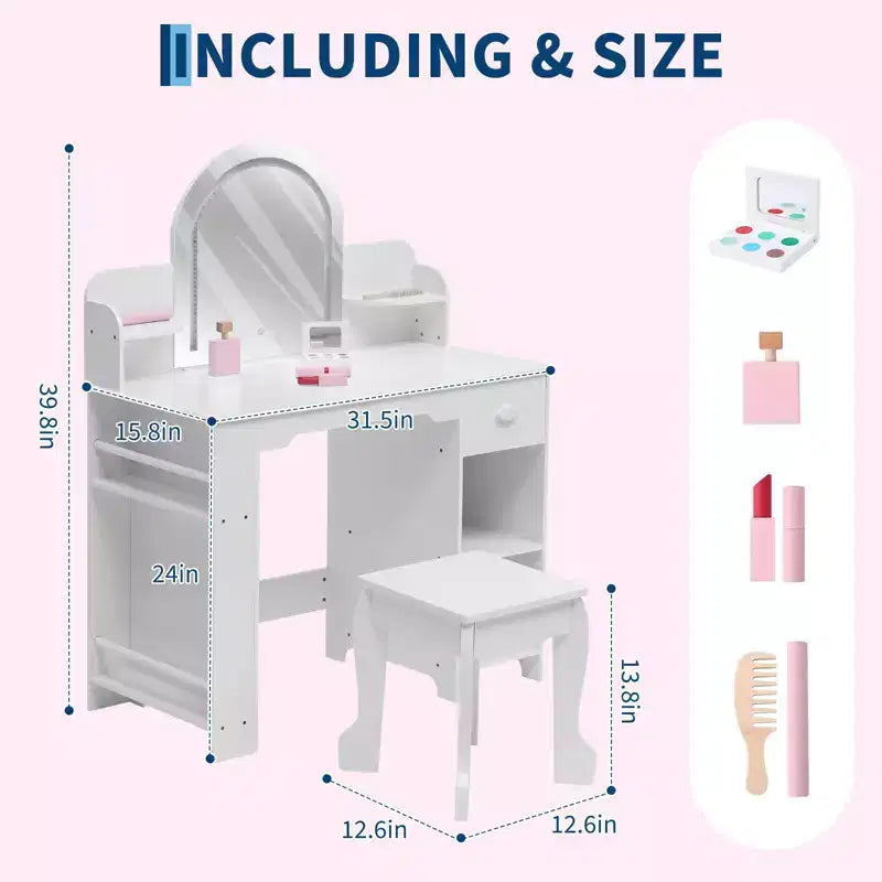 Kids Vanity Desk with Mirror, Makeup Vanity Table with Stool, Bookshelf, Drawer & Shelves, Wood Princess Dressing Table for Girls Bedroom,Playroom
