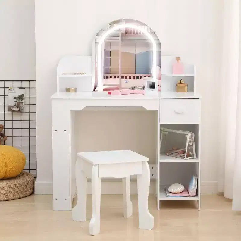 Kids Vanity Desk with Mirror, Makeup Vanity Table with Stool, Bookshelf, Drawer & Shelves, Wood Princess Dressing Table for Girls Bedroom,Playroom