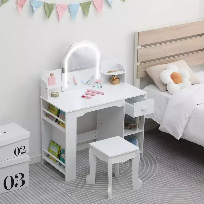 Kids Vanity Desk with Mirror, Makeup Vanity Table with Stool, Bookshelf, Drawer & Shelves, Wood Princess Dressing Table for Girls Bedroom,Playroom