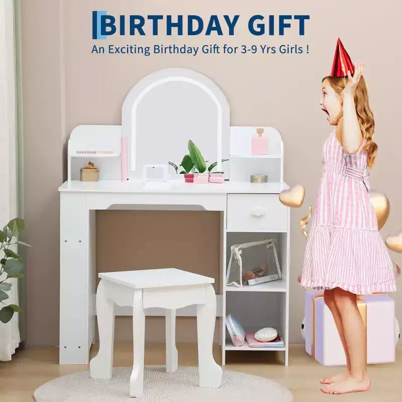 Kids Vanity Desk with Mirror, Makeup Vanity Table with Stool, Bookshelf, Drawer & Shelves, Wood Princess Dressing Table for Girls Bedroom,Playroom