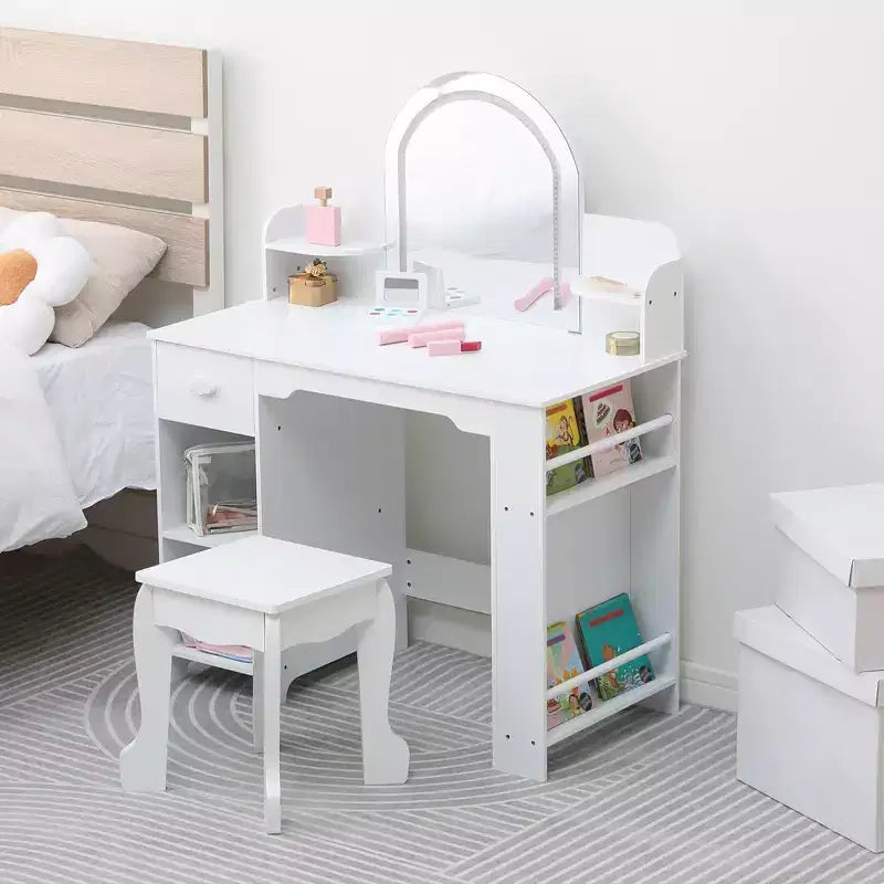 Kids Vanity Desk with Mirror, Makeup Vanity Table with Stool, Bookshelf, Drawer & Shelves, Wood Princess Dressing Table for Girls Bedroom,Playroom