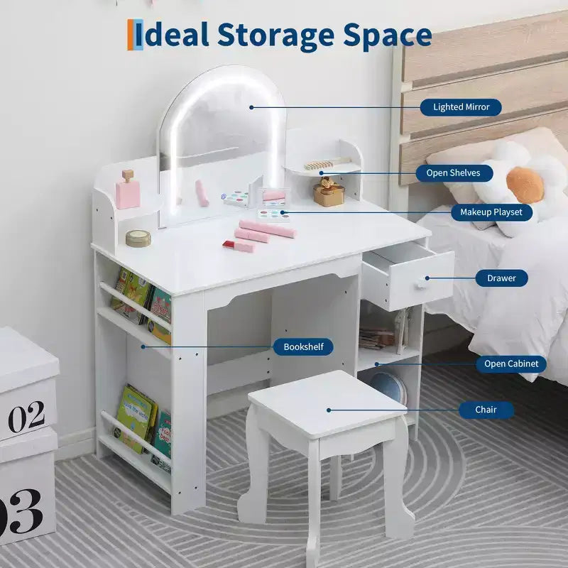 Kids Vanity Desk with Mirror, Makeup Vanity Table with Stool, Bookshelf, Drawer & Shelves, Wood Princess Dressing Table for Girls Bedroom,Playroom