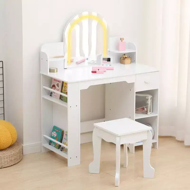 Kids Vanity Desk with Mirror, Makeup Vanity Table with Stool, Bookshelf, Drawer & Shelves, Wood Princess Dressing Table for Girls Bedroom,Playroom