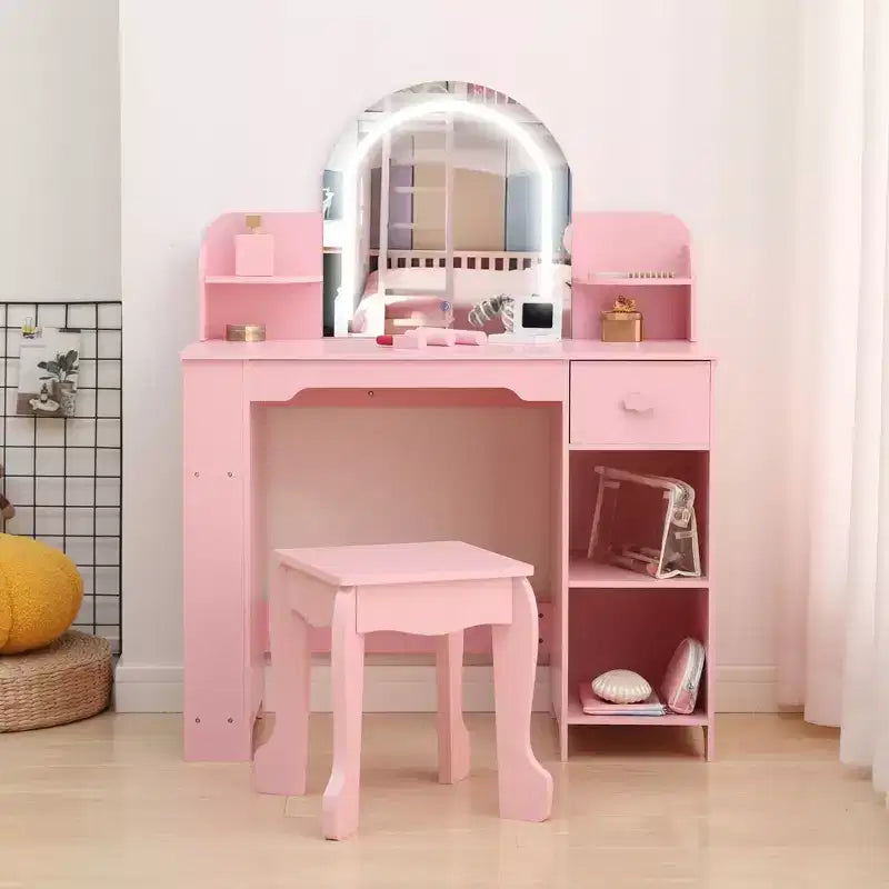 Kids Vanity Desk with Mirror, Makeup Vanity Table with Stool, Bookshelf, Drawer & Shelves, Wood Princess Dressing Table for Girls Bedroom,Playroom
